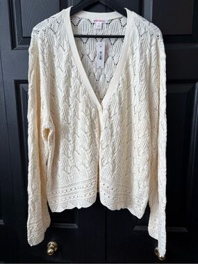 Joe Fresh Cream Lace Openwork V-Neck Cardigan 3X US NWT